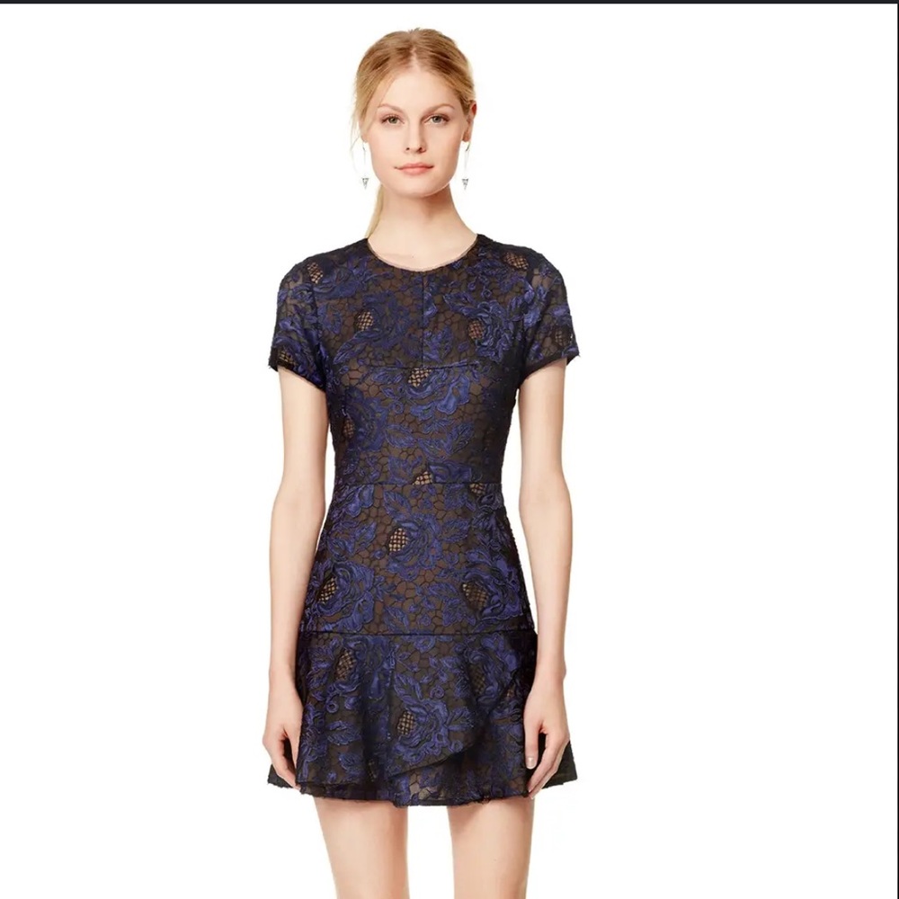 BCBG Max Azria Marissa Blue & Black Floral Lace Mini Dress w/ Open Back